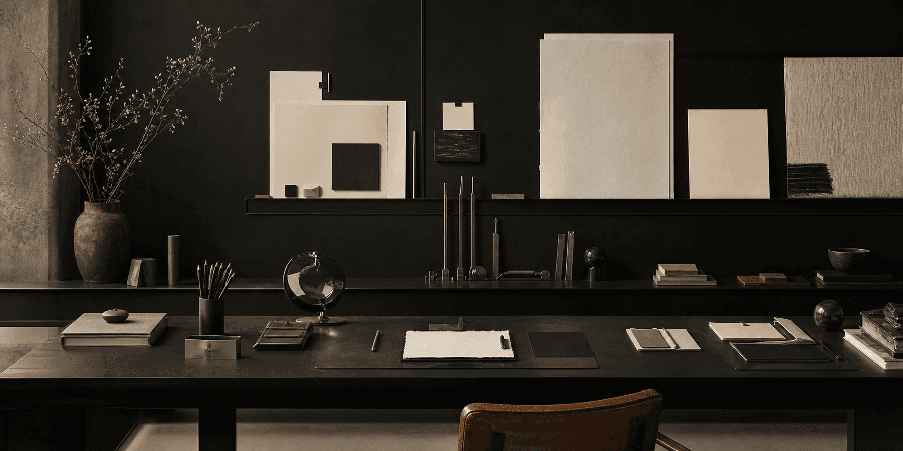 Editorial studio workspace with tactile materials in black, cream, steel, and leather.